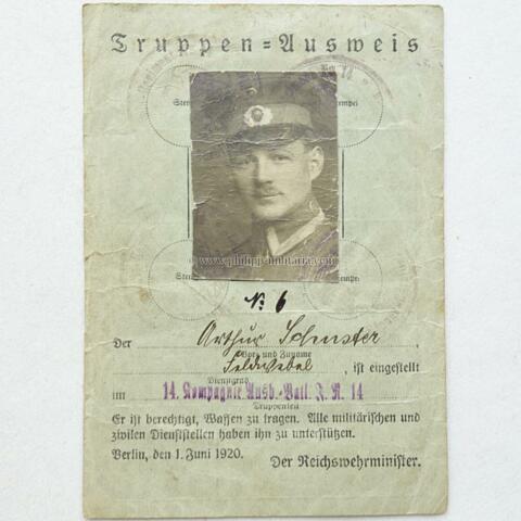 Reichswehr Truppen-Ausweis '14.Kompanie Ausb.-Batl.I.R.14'