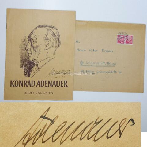 ADENAUER, Konrad. 1. Deutscher Bundeskanzler, eigenhändige Unterschrift auf Heftumschlag 'Bilder und Daten zum 80. Geburtstag'