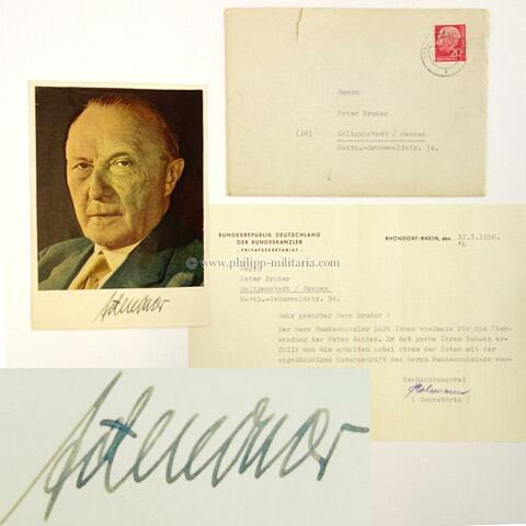 ADENAUER, Konrad. 1. Deutscher Bundeskanzler und Bundesminister des Auwärtigen (1876-1967), eigenhändige Unterschrift unter gerducktem Farb-Foto 1958