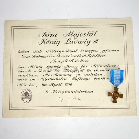 Königreich Bayern König Ludwig-Kreuz mit Verleihungsurkunde für Heimatverdienste während der Kriegszeit
