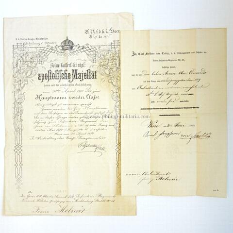 Österreich K.u.k.Kriegsministerium Dokumente; 2 Beförderungen zum Oberleutnant 1860 und Hauptmann 1870