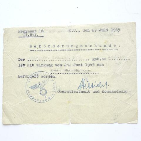Beförderung / Bestallung zum Unteroffizier - ausgestellt am 2.Juli 1945