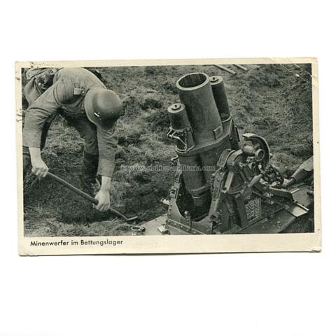 Minenwerfer im Bettungslager - Feldpost- Fotopostkarte
