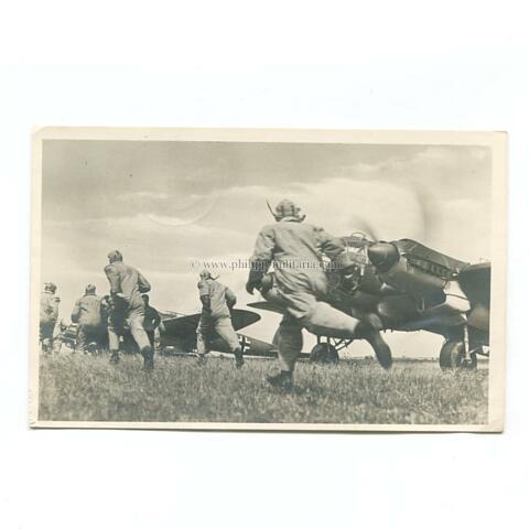 Luftwaffe Alarm bei der Bomberstaffel He 111, gelaufene Feldpost- Fotopostkarte