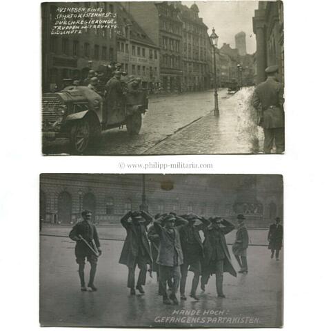 Freikorps - 2 Fotopostkarten 'Ausheben eines Spartakistennestes' und 'Gefangene Spartakisten'
