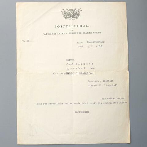 Posttelegramm von Feldmarschall Baron Mannerheim 1942 - Finnland