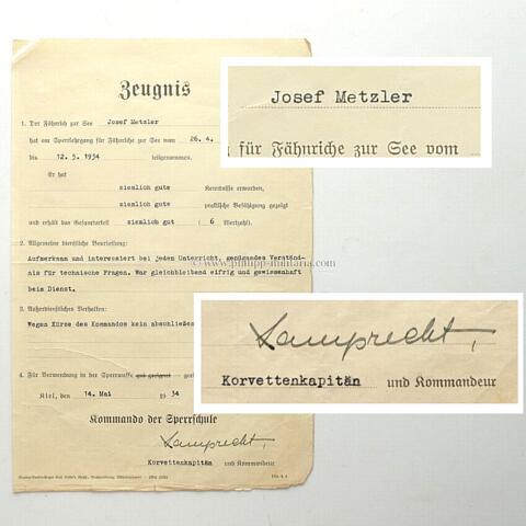 LAMPRECHT, Fritz, eigenhändige Unterschrift als Korvettenkaptitän u. Kdr. Kommando der Sperrschule